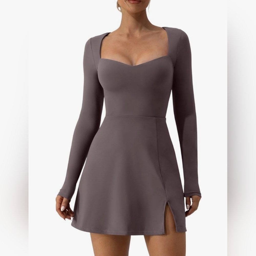 Qinsen Women's Purple Mini Dress Medium Bodycon Long Sleeve Side Slit Stretchy